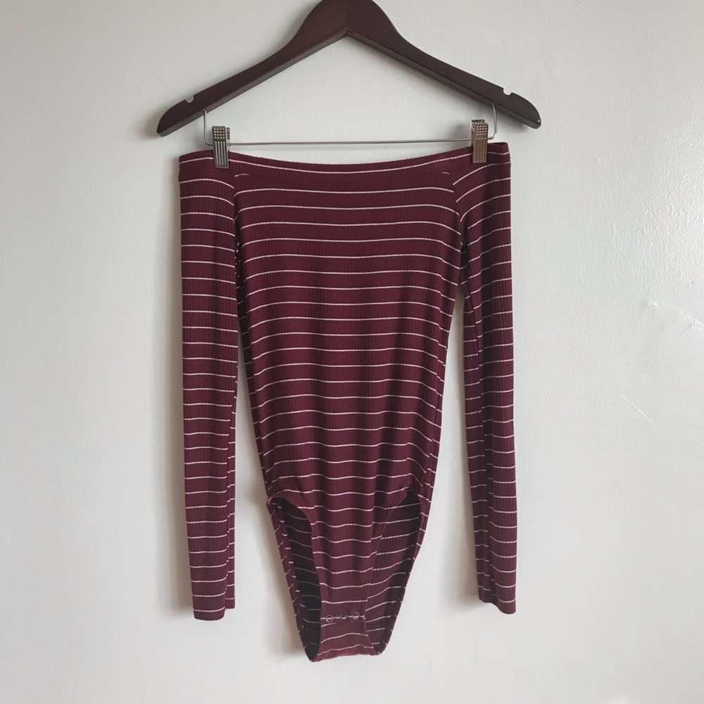 Hollister Long Sleeve Off Shoulder Burgundy Maroon Wht Stripe Leotard Bodysuit S - Picture 3 of 16